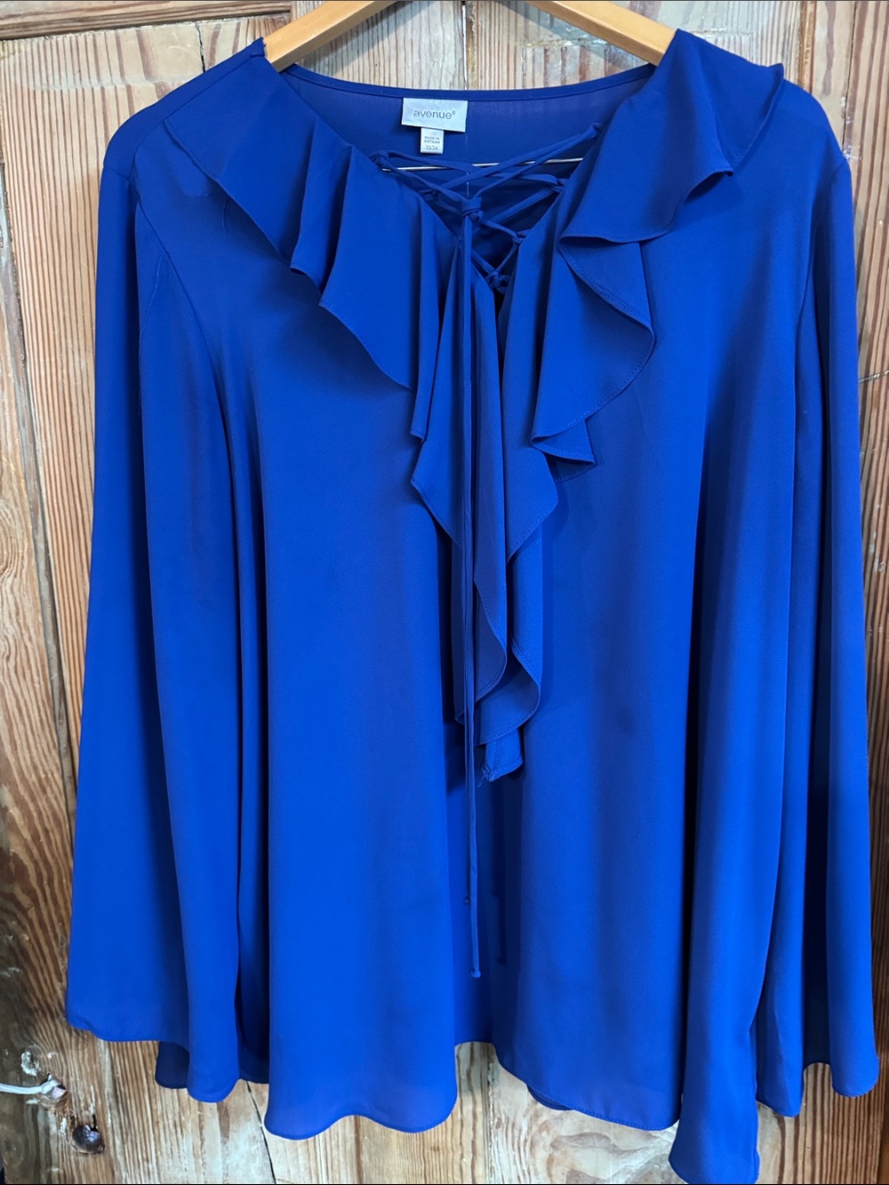 Avenue Royal Blue Ruffled Lace-Up Blouse flare sleeves 22/24